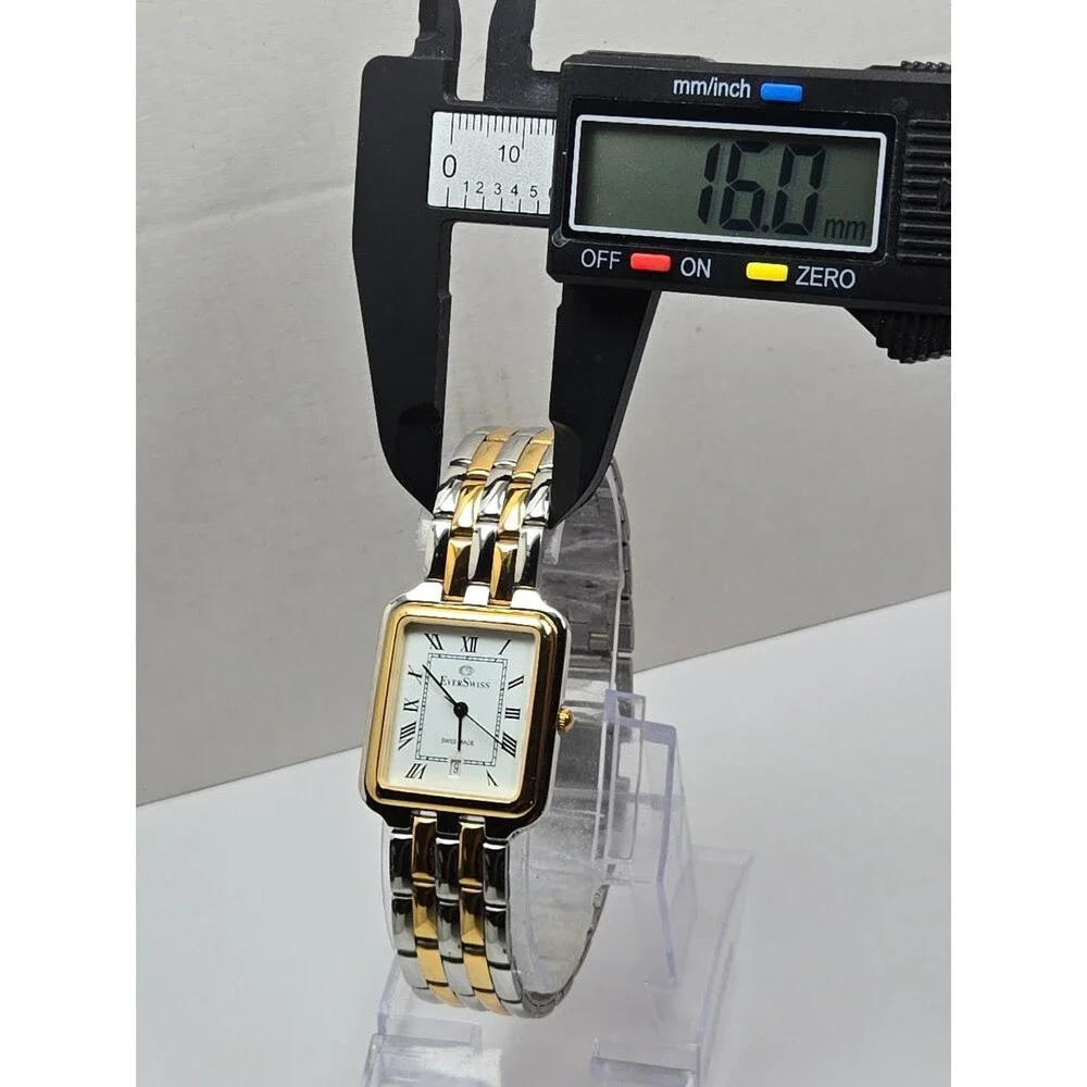 EverSwiss Womens Two Tone Gold Silver Tank 26mm Dress Date Watch New Battery